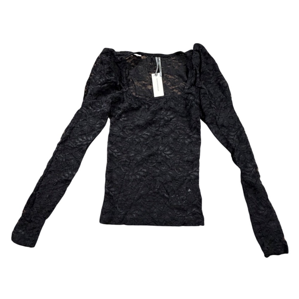 Anthropologie Black Floral Lace Puff Sleeve‎ Square Neck Top Womens XXS New